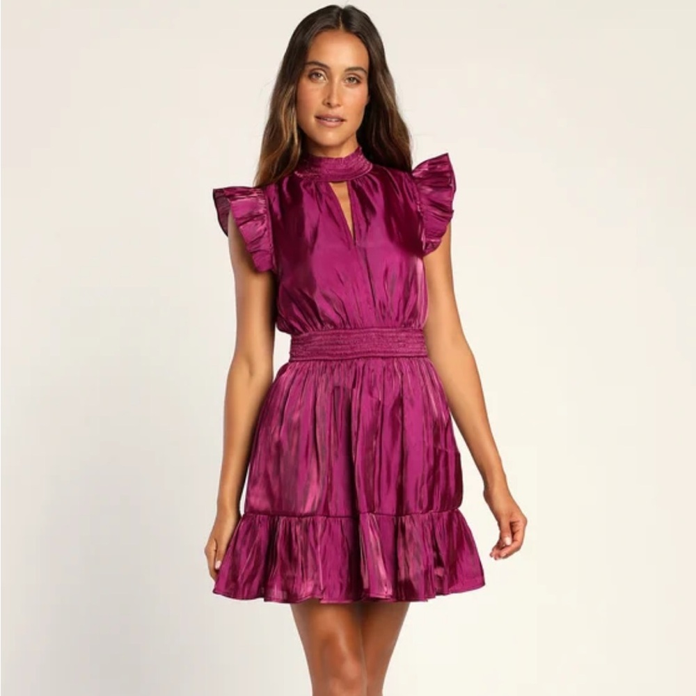 Lulu's Magenta Ruffle Sleeve Tiered Satin Dress